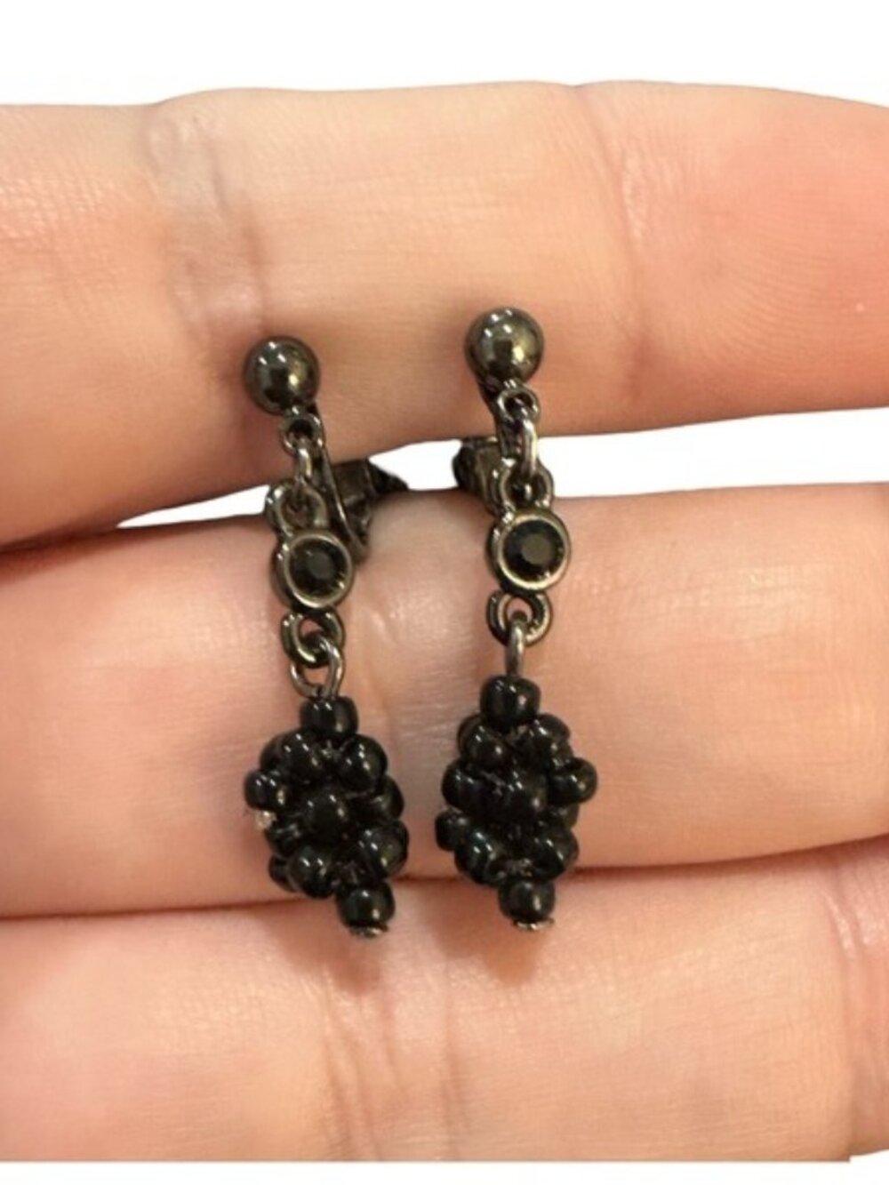 Black Bead Cluster Clip-On Earrings With Vintage-Inspired Design